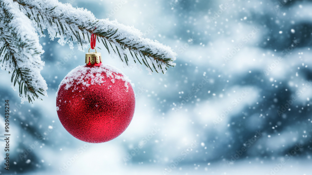 Red Christmas ornament on snowy tree branch, winter holiday decoration concept Red Christmas ornament on snowy tree branch, winter holiday decoration concept