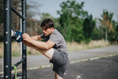 Young man stretches his leg on an outdoor gym in a sunny park, performing a calisthenics workout for fitness and flexibility.