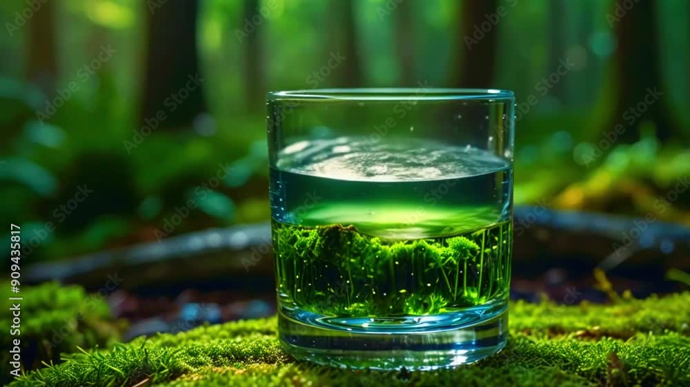 Glass of water on moss with forest background. Glass of water on moss with forest background.