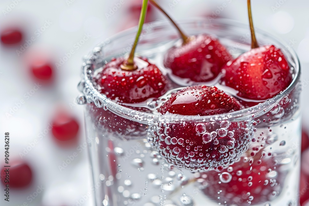 Close up of red cherries with stems submerged in a glass of sparkling water, creating refreshing bubbles Close up of red cherries with stems submerged in a glass of sparkling water, creating refreshing bubbles