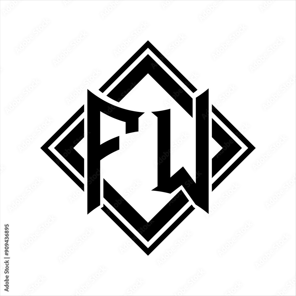 FW Letter logo with abstract shield shape with square black outline on white background design FW Letter logo with abstract shield shape with square black outline on white background design