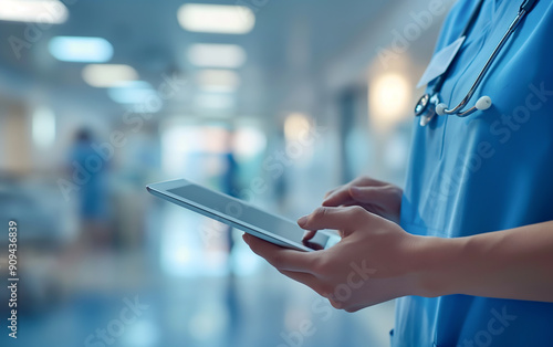 Close up of hands holding an iPad, doctor wearing blue scrubs with a blurred background of a hospital room
