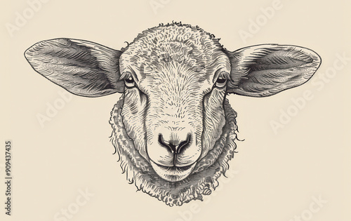 Sheep, lamb. Vintage retro print, black white sheep lamb sketch ink pencil style drawing, engrave old school. Sketch artwork silhouette farm sheep lamb. Side view profile. Illustration