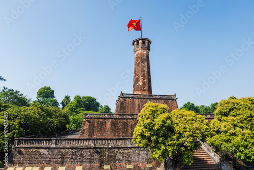 Hanoi flag tower with Vietnamese flag on top in Hanoi, Vietnam. It's located in the Vietnam Military History Museum.