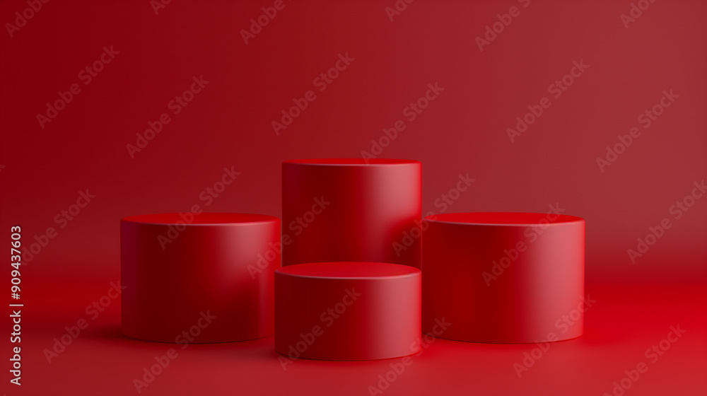 Minimalist Design with Four Red Cylindrical Podiums on a Matching Red Background Minimalist Design with Four Red Cylindrical Podiums on a Matching Red Background