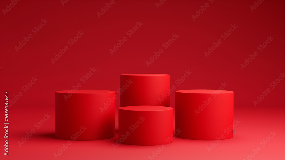 Four Red Cylindrical Podiums on a Red Background for Minimalist Product Display Four Red Cylindrical Podiums on a Red Background for Minimalist Product Display