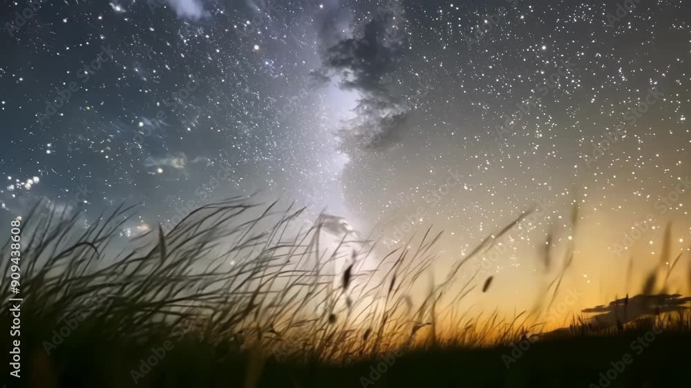 As the warm summer breeze rustles the tall grass the sky above is alive with thousands of glittering stars creating a breathtaking sight. Light leaks bokeh As the warm summer breeze rustles the tall grass the sky above is alive with thousands of glittering stars creating a breathtaking sight. Light leaks bokeh
