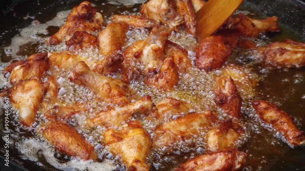 Cooking meal on fire outdoors, using a wooden spatula to mix the frying chicken wings. Big campfire pan with boiling oil under flame, and delicious flavour steam Cooking meal on fire outdoors, using a wooden spatula to mix the frying chicken wings. Big campfire pan with boiling oil under flame, and delicious flavour steam