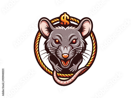 An illustration of a rat with red eyes and a sly smile, trapped in a rope circle with a gold dollar sign.