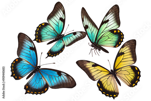 set of beautiful blue green yellow butterflys isolated on white or transparent png butterflies insect wing collection many butterfly summer animal silhouette art photo