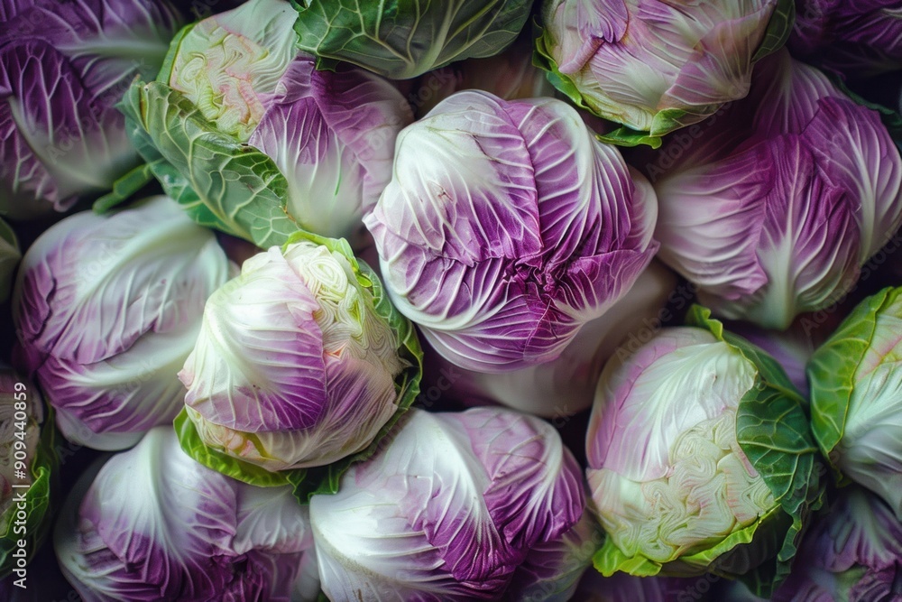Freshly picked purple and white cabbages forming a textured background at a farmers market Freshly picked purple and white cabbages forming a textured background at a farmers market