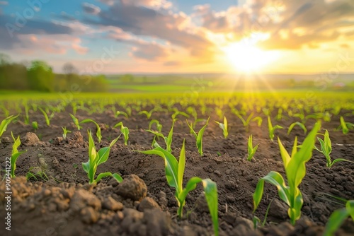 lush cornfield stretches to horizon under azure sky young plants emerge from rich soil symbolizing growth and renewal golden sunlight bathes the scene in warmth