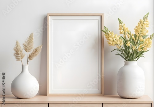 Blank wooden picture frame mockup on off white wall in modern interior. Vertical artwork template mock up for artwork, painting, photo or poster in interior design with green plants