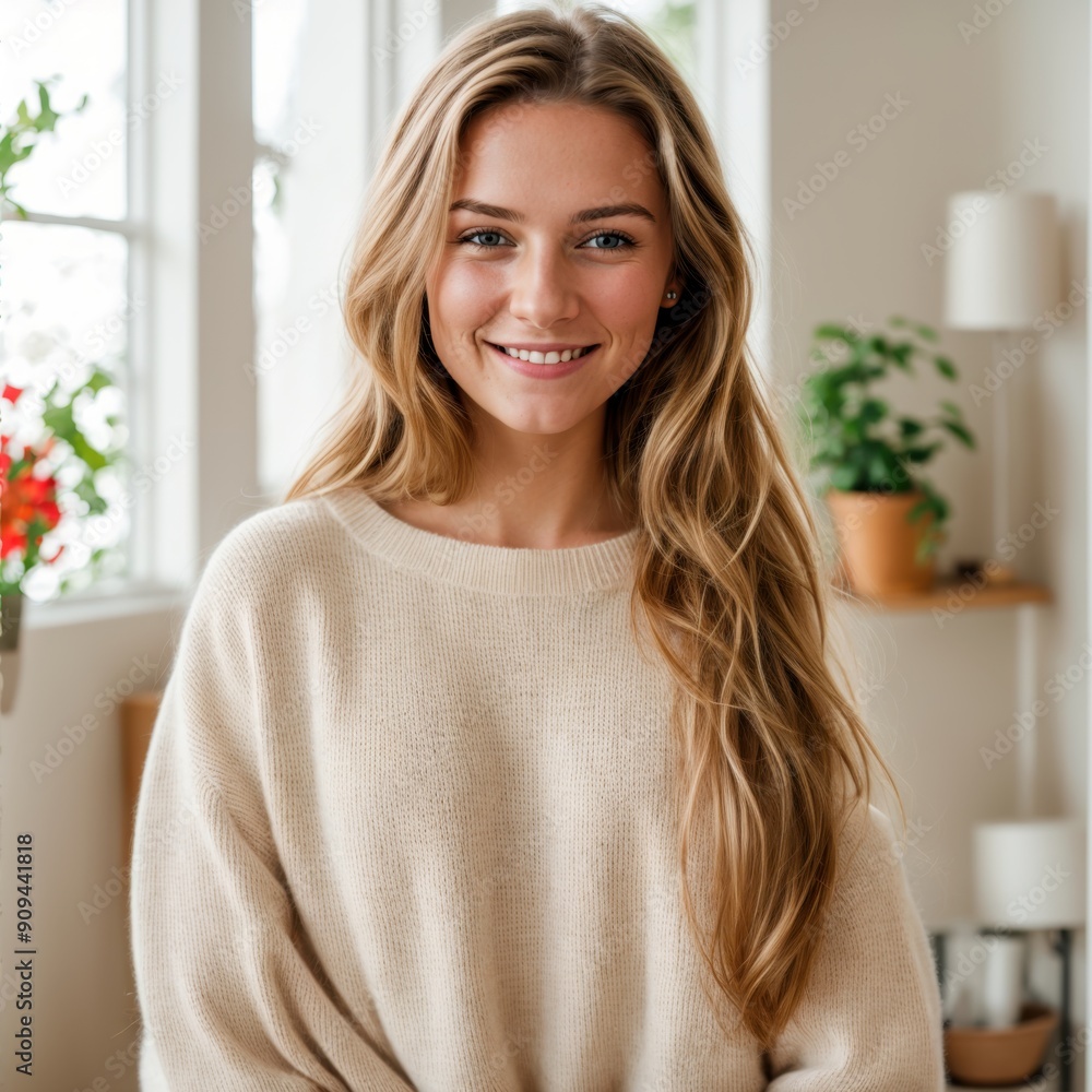 Softly smiling young woman in pink sweater in delicate light Softly smiling young woman in pink sweater in delicate light