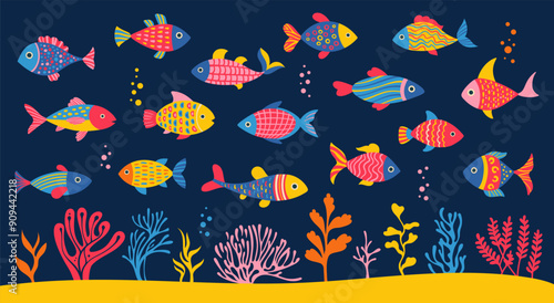 Underwater sea fish abstract cartoon set. Ocean coral reef, marine or aquarium seaweed childish illustration. Abstract exotic design naive art. Undersea seascape background vector illustration