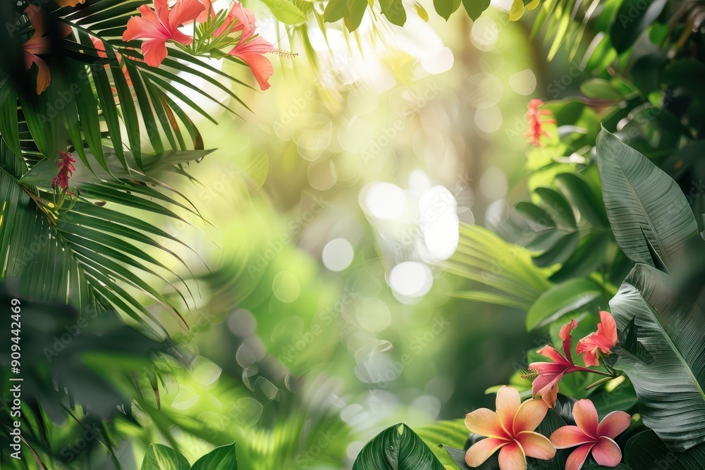 lush tropical foliage creating natural frame vibrant greens with exotic flowers soft focus background dappled sunlight fresh and inviting atmosphere lush tropical foliage creating natural frame vibrant greens with exotic flowers soft focus background dappled sunlight fresh and inviting atmosphere