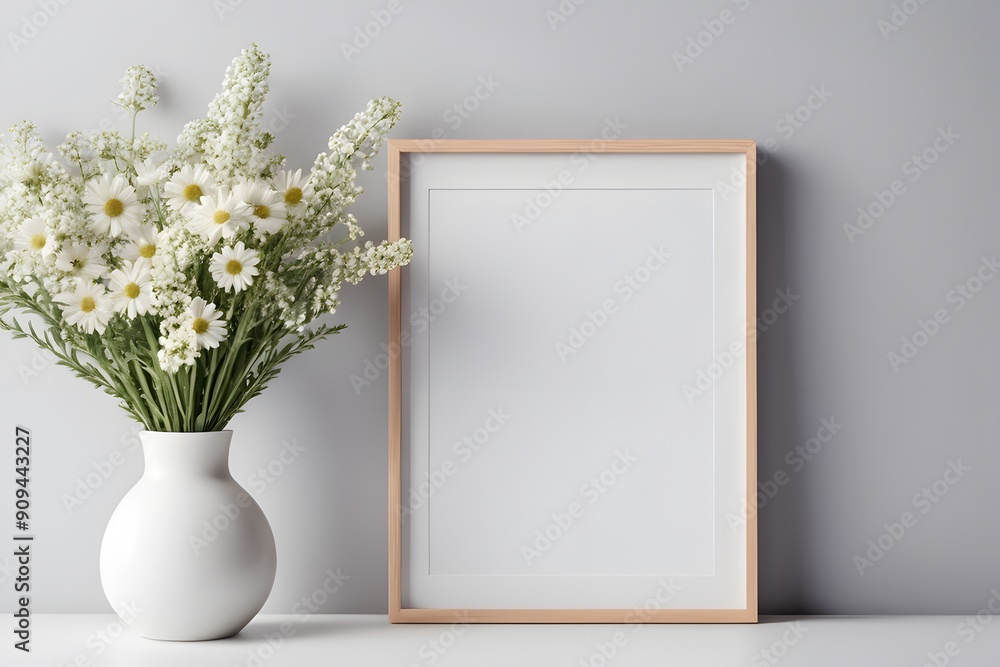 A blank frame mockup with flowers in trendy vase. Template for artwork, painting, photo or poster A blank frame mockup with flowers in trendy vase. Template for artwork, painting, photo or poster