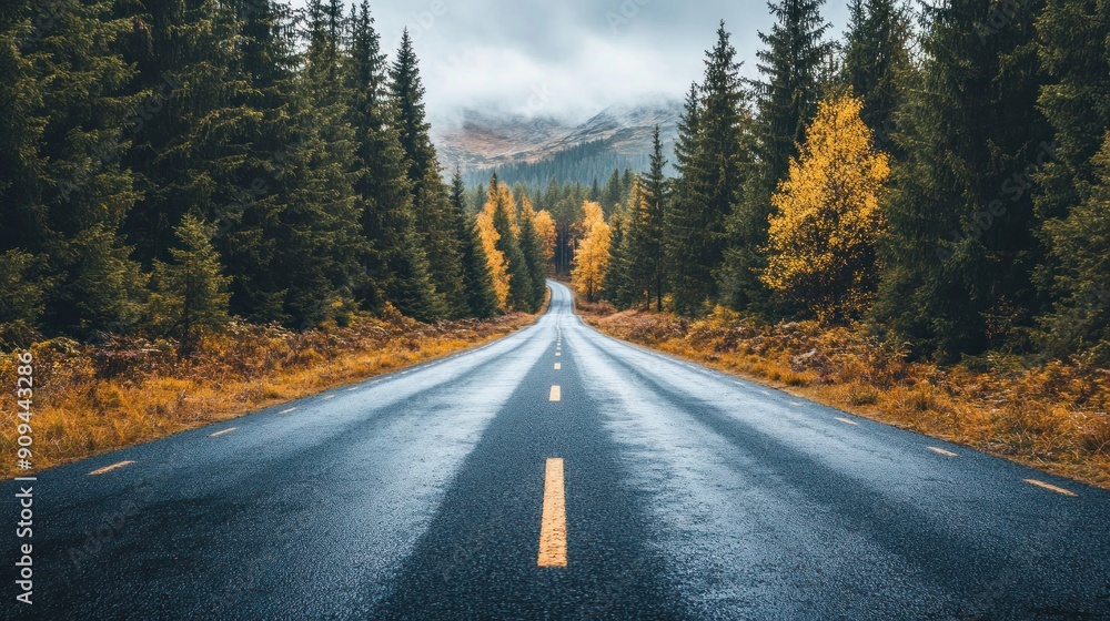 Serene Pathway Through an Autumn Pine Forest Leading to Misty Mountains Serene Pathway Through an Autumn Pine Forest Leading to Misty Mountains
