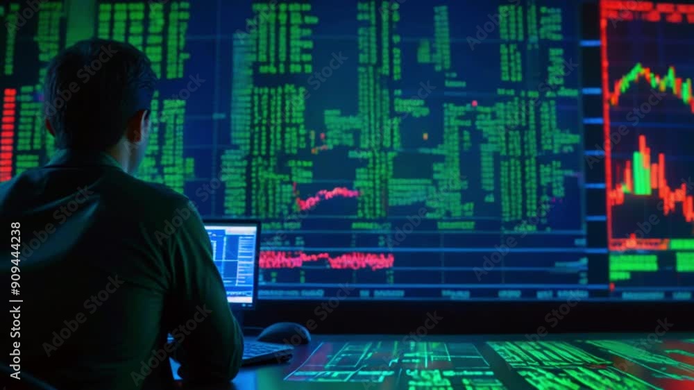 Person analyzing stock market data on multiple computer monitors. Person analyzing stock market data on multiple computer monitors.