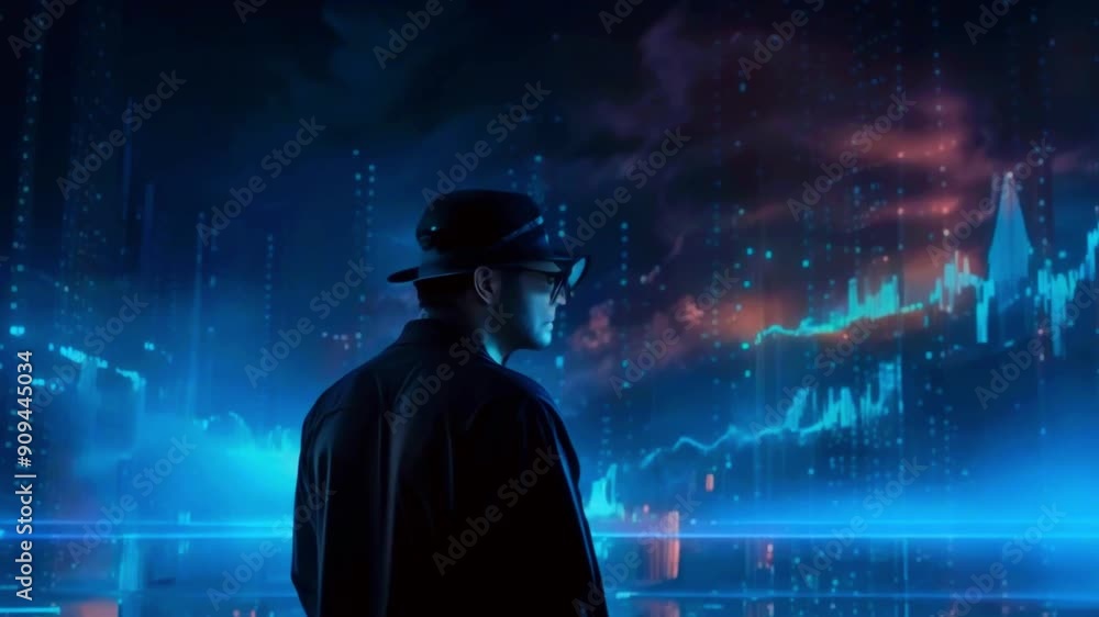 Person wearing VR headset standing in front of a glowing digital data screen. Person wearing VR headset standing in front of a glowing digital data screen.