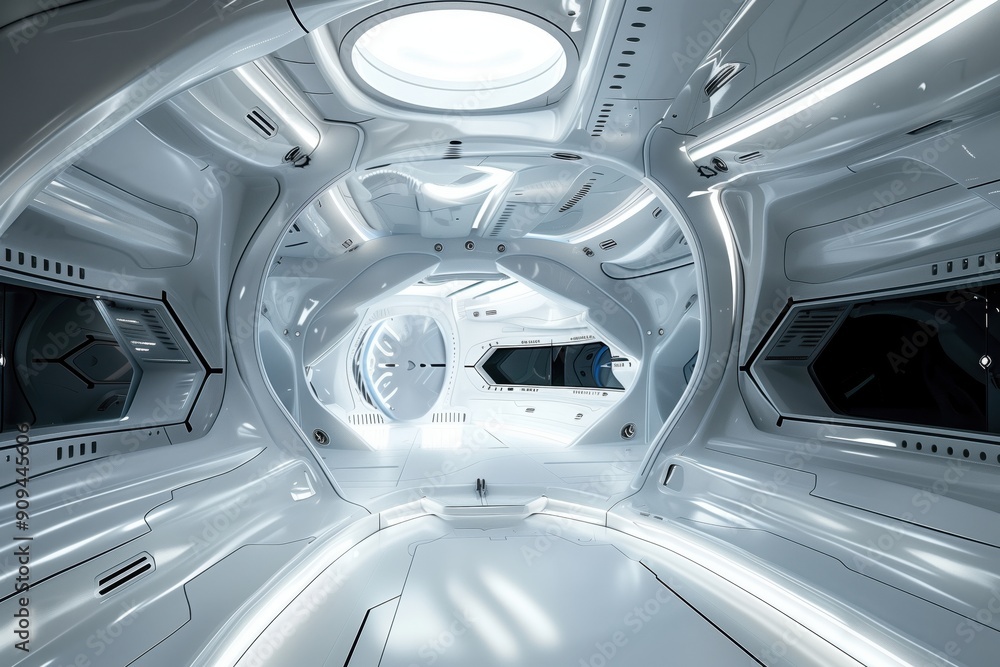 Futuristic spaceship interior with sleek curves, metallic surfaces, and advanced technology Futuristic spaceship interior with sleek curves, metallic surfaces, and advanced technology