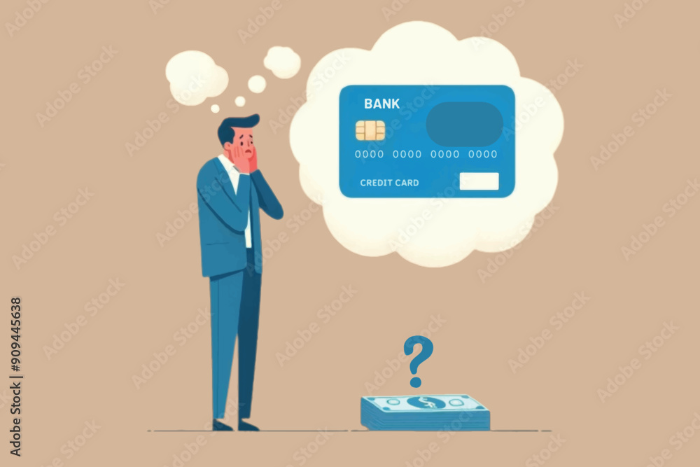 Illustration of worried businessman thinking about credit card debt and financial problems, symbolizing financial stress. Illustration of worried businessman thinking about credit card debt and financial problems, symbolizing financial stress.