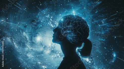 A silhouette of a woman's head with a glowing, Ai artificiial interligence, intricate network of lines representing a brain against a dark blue galaxy background. photo