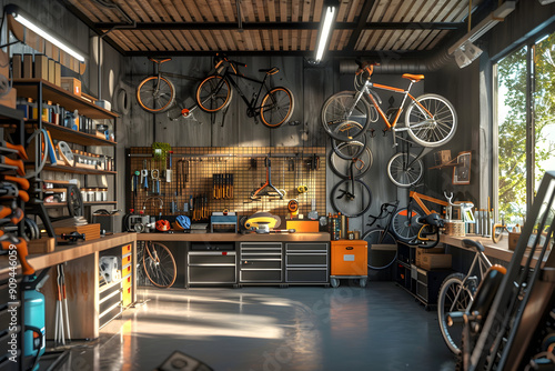 A modern, well-organized workshop with tools and bicycles hanging on the walls and a window overlooking green trees.