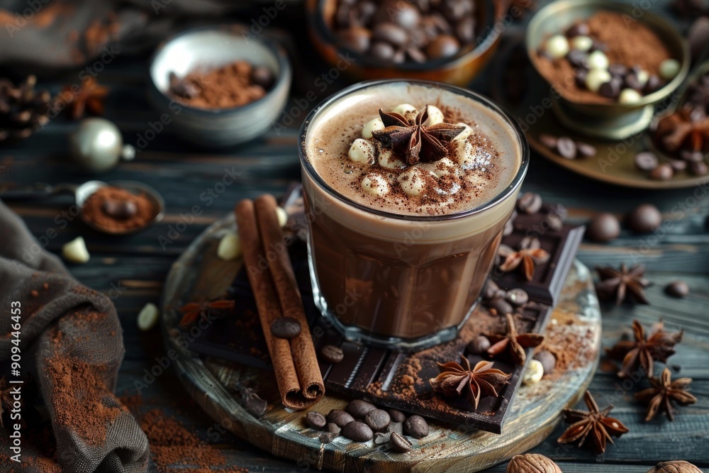 Steaming mug of hot chocolate topped with whipped cream, cocoa powder, and star anise, surrounded by coffee beans, cinnamon sticks, and dark chocolate Steaming mug of hot chocolate topped with whipped cream, cocoa powder, and star anise, surrounded by coffee beans, cinnamon sticks, and dark chocolate