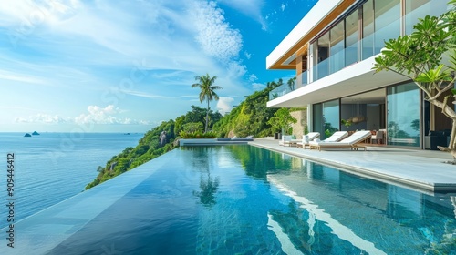 Modern villa with infinity pool overlooking the ocean.