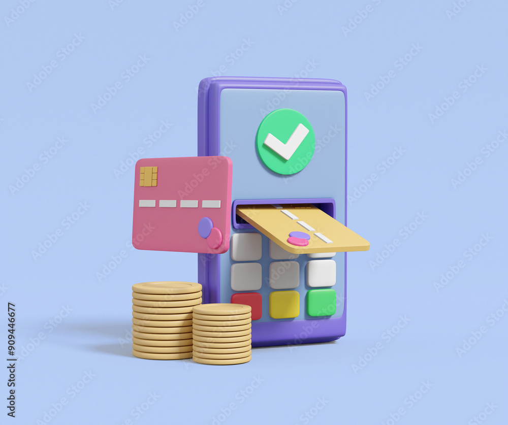 The 3D rendering includes card reader icons, coins, and check marks. The card reader symbolizes the point of sale where the transaction takes place. Represents the currency being processed. The 3D rendering includes card reader icons, coins, and check marks. The card reader symbolizes the point of sale where the transaction takes place. Represents the currency being processed.