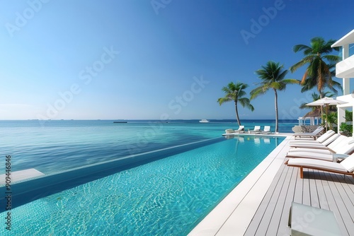 luxurious white beach hotel with infinity pool merging seamlessly with ocean horizon sundrenched deck adorned with sleek loungers epitomizing tropical opulence and relaxation