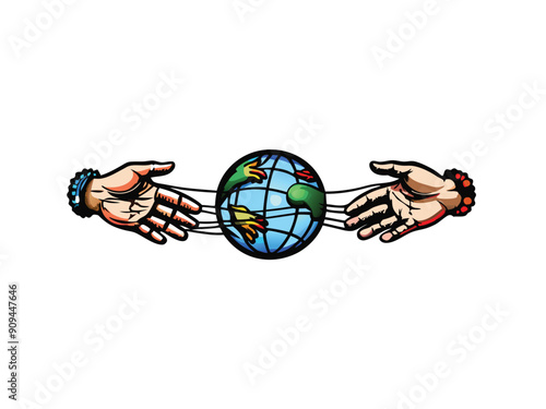 Two hands reaching towards a globe, connected by thin lines symbolizing global connectivity.