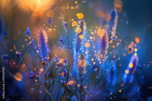 macro photography of a magical meadow teeming with bioluminescent flora and fairylike creatures shimmering pollen particles dance in rays of ethereal sunlight