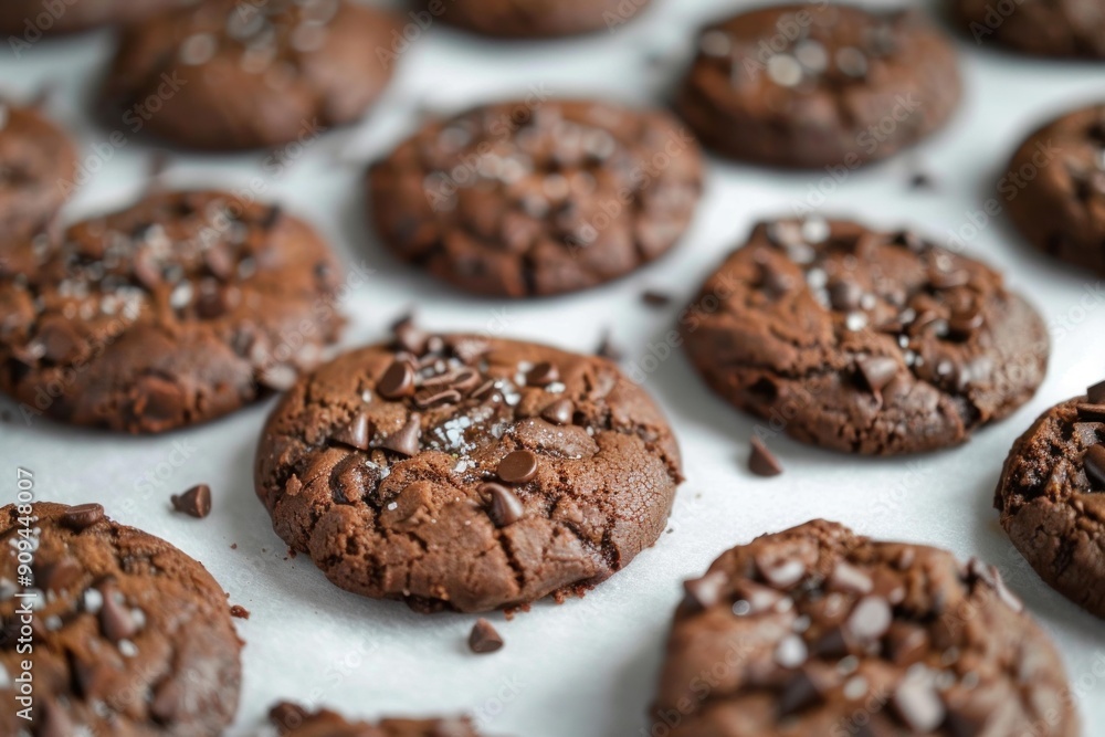 Freshly baked chocolate chip cookies cooling on a baking sheet after coming out of the oven Freshly baked chocolate chip cookies cooling on a baking sheet after coming out of the oven