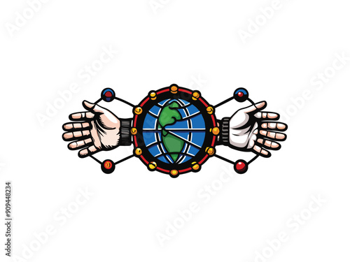 Two hands reaching towards a globe connected by a network of lines and dots, symbolizing global connectivity.