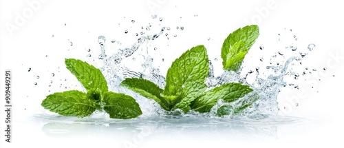 Mint Leaves with Water Splash on White Background. Generative ai