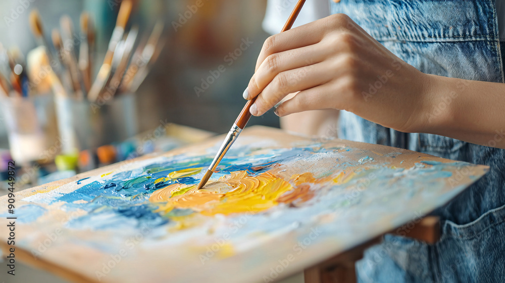 A woman is painting a picture with a brush. She is using a variety of colors, including blue, yellow, and green. The painting appears to be a landscape, with a blue sky and a yellow sun. A woman is painting a picture with a brush. She is using a variety of colors, including blue, yellow, and green. The painting appears to be a landscape, with a blue sky and a yellow sun.