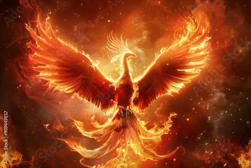 majestic phoenix rising from flames fiery wings spread wide intense orange and red hues mythical rebirth symbolism