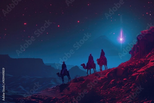 majestic scene of three wise men on camels silhouetted against a starry desert night following the bright christmas star