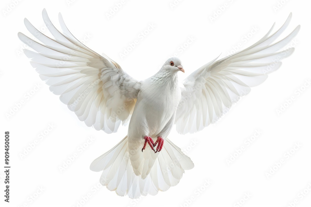 majestic white dove in midflight against pure white background wings spread wide capturing grace and symbolism of peace in clean minimalist composition majestic white dove in midflight against pure white background wings spread wide capturing grace and symbolism of peace in clean minimalist composition