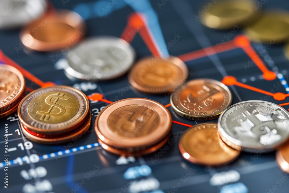Graph charting the trajectory of savings and investments, adorned with coins Graph charting the trajectory of savings and investments, adorned with coins