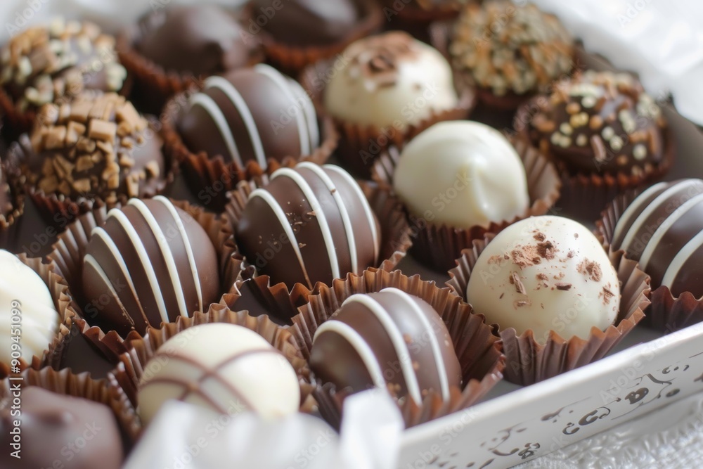 Assortment of white and dark chocolate pralines with different toppings resting in a white box Assortment of white and dark chocolate pralines with different toppings resting in a white box