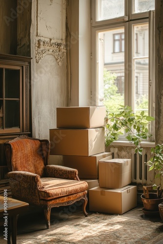  Preparing for relocation Cardboard boxes stacked in a vintage living room