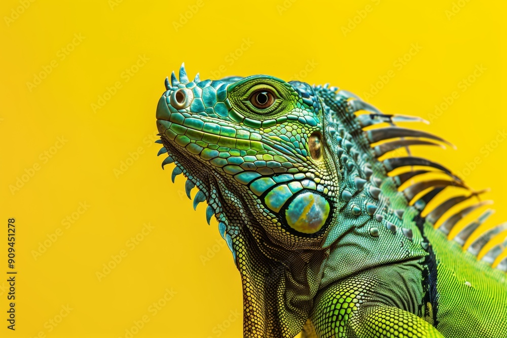 Fototapeta premium Green iguana against a bright yellow background.