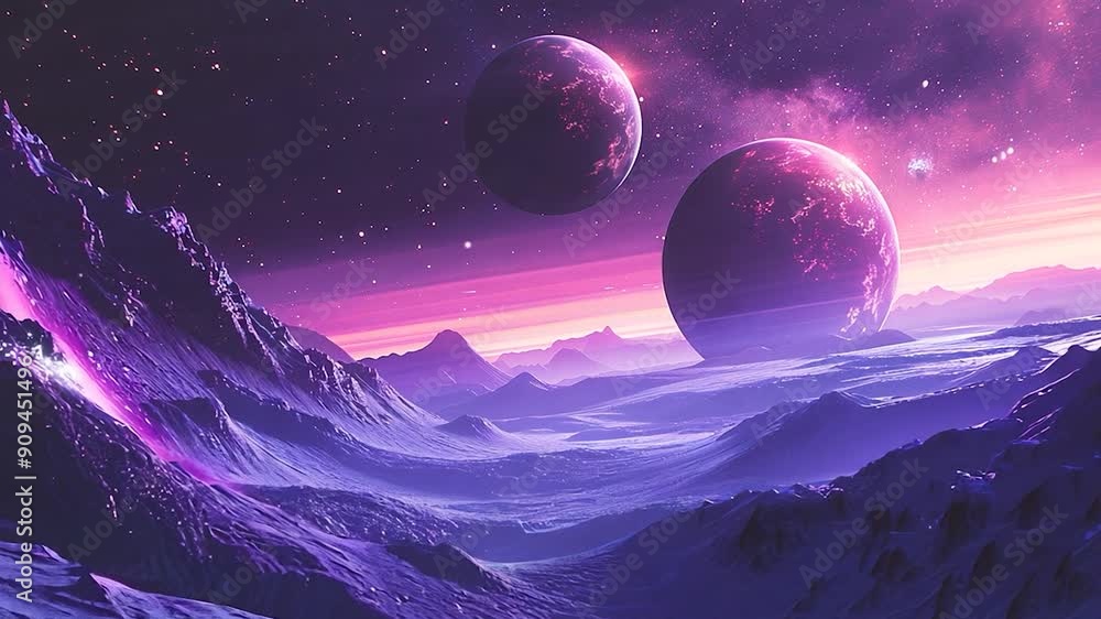 A breathtaking cosmic landscape showcases two planets hovering over a serene, snowy terrain under vibrant purple and pink skies A breathtaking cosmic landscape showcases two planets hovering over a serene, snowy terrain under vibrant purple and pink skies