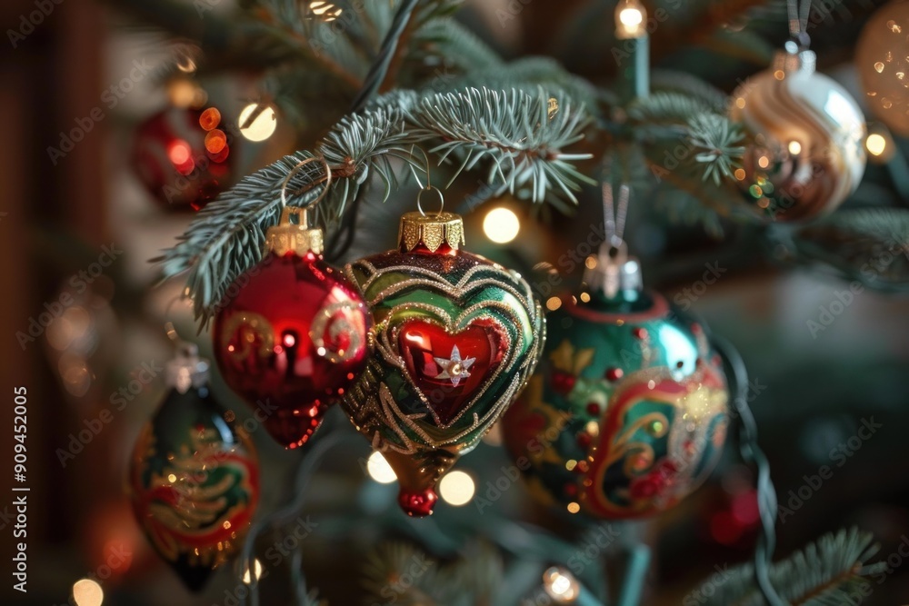 Fototapeta premium Christmas tree decorated with beautiful ornaments in red and green colors is sparkling with warm lights