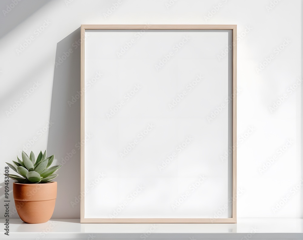 Wooden frame mockup with trendy vase, white background hanging on white wall shadow play minimalist room Wooden frame mockup with trendy vase, white background hanging on white wall shadow play minimalist room