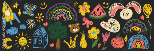 Kids chalk drawings big set. Collection freehand child baby hand drawn scribble elements: sun, tree, bear, fruit, smile, rabbit, flower, rocket, crown. Vector illustration isolated on black background