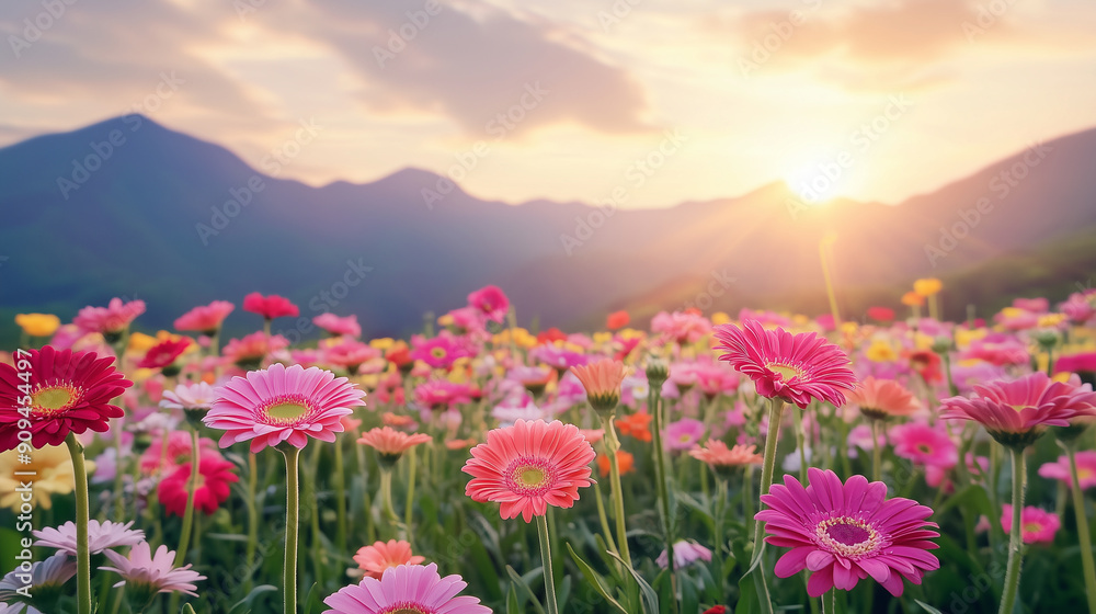 Obraz premium gerbera flower field with beautiful mountain for background